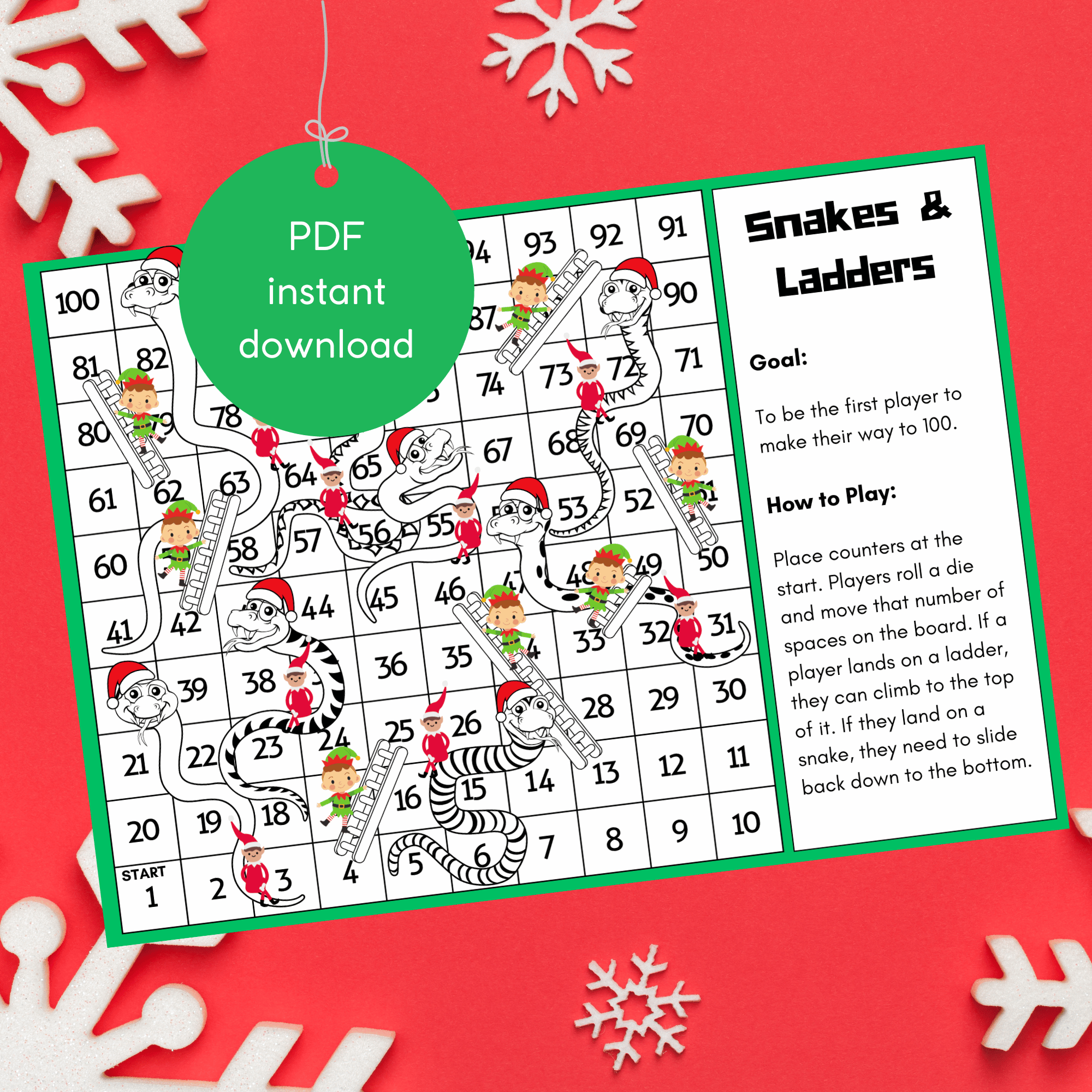 instant download christmas snakes and ladders board game printable